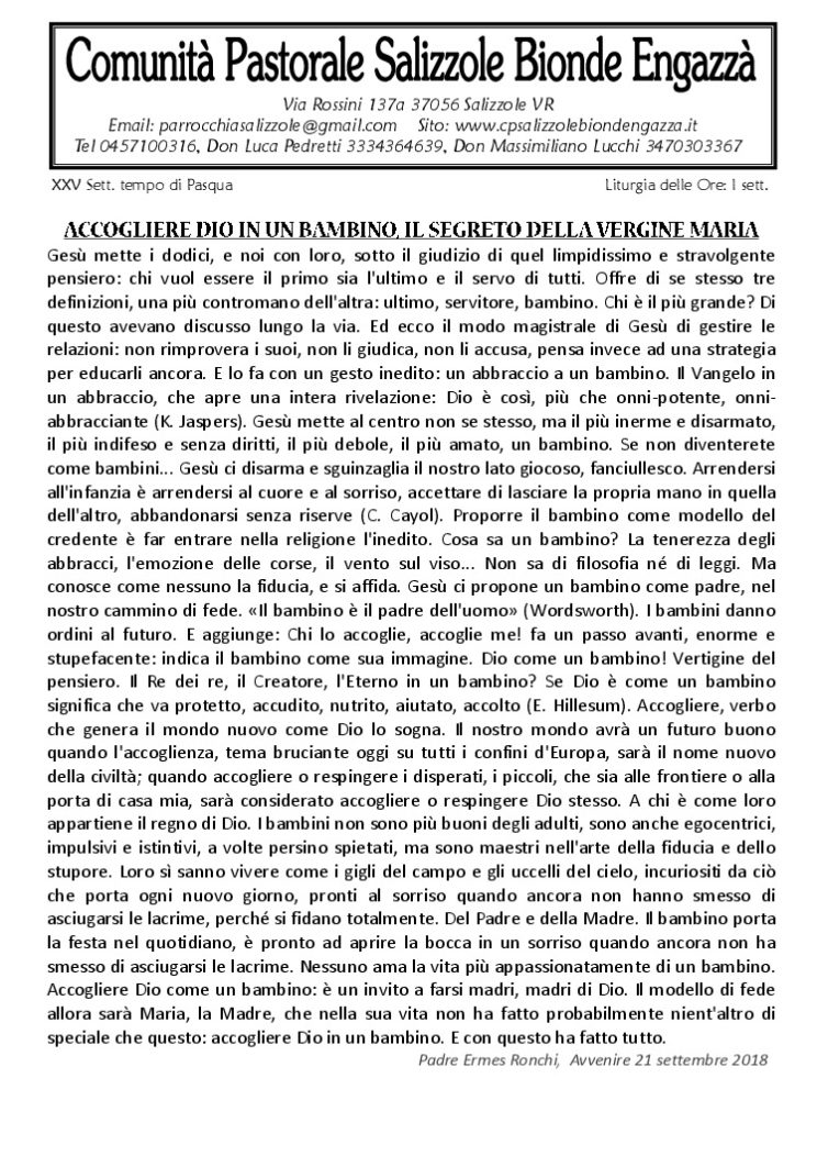 Avvisi Settimanali Dal 22 Al 30 Settembre 2018 - Comunità Pastorale ...